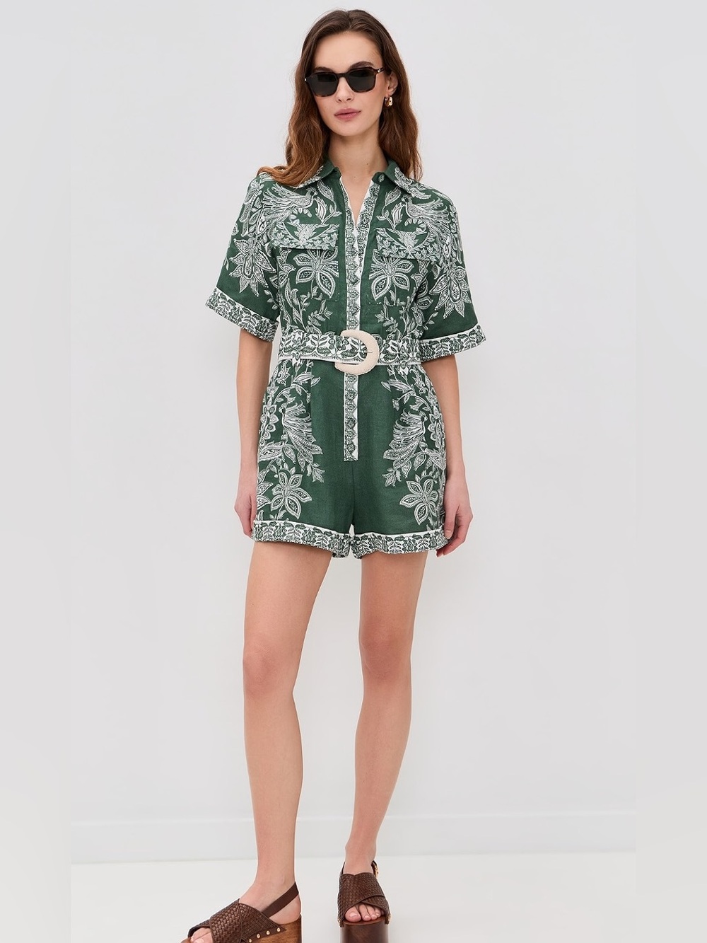Farm Rio: MIRANDA DARK GREEN SHORT SLEEVE ROMPER